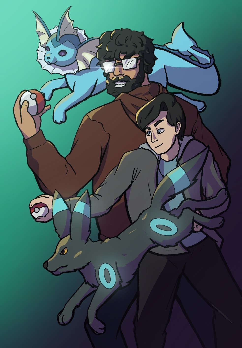 Digital illustration of two men holding Pokeballs next to a jumping Umbreon and Vaporeon.
